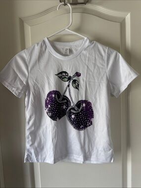 Kids White Tee with Sparkle Purple Cherry Graphic / A21